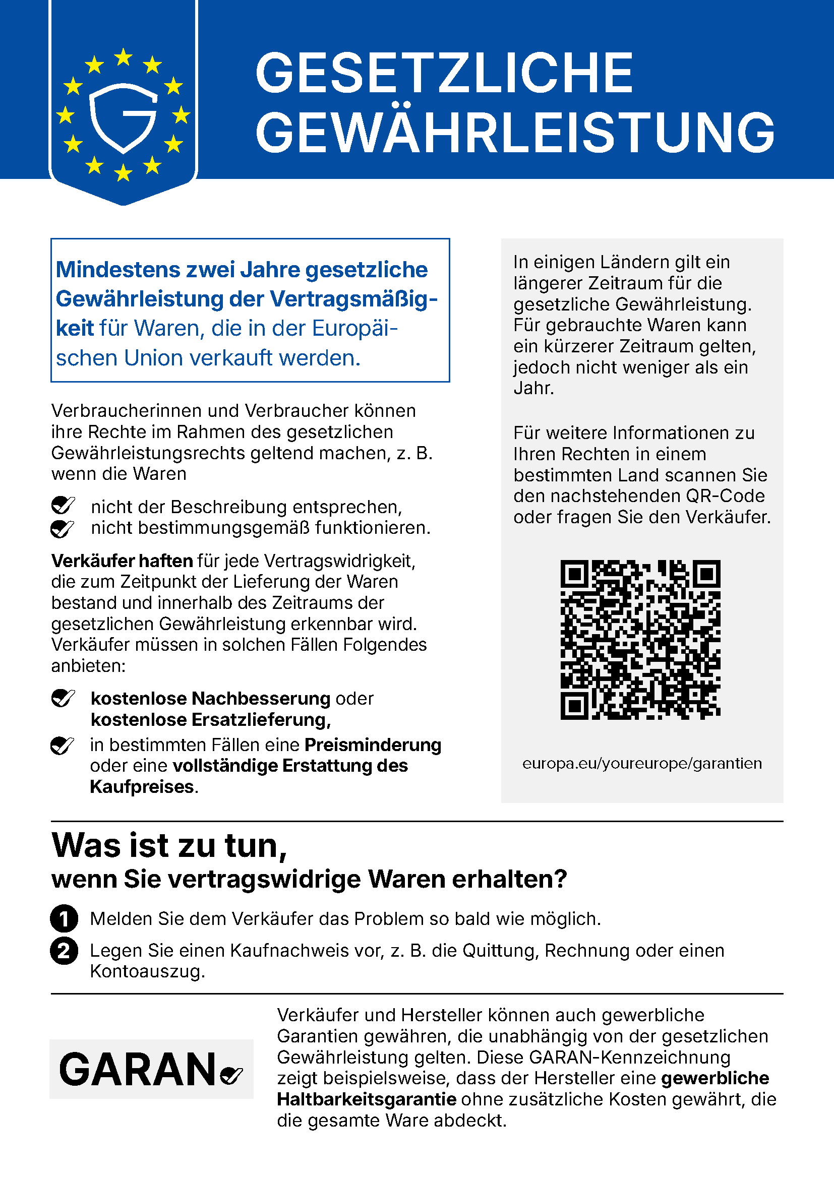 Amtlicher EU-Hinweis: Mindestens zwei Jahre gesetzliche Gewährleistung der Vertragsmäßigkeit für Waren, die in der Europäischen Union verkauft werden. Verkäufer haften für Vertragswidrigkeiten und müssen kostenlose Nachbesserung, kostenlose Ersatzlieferung, Preisminderung oder vollständige Erstattung anbieten.