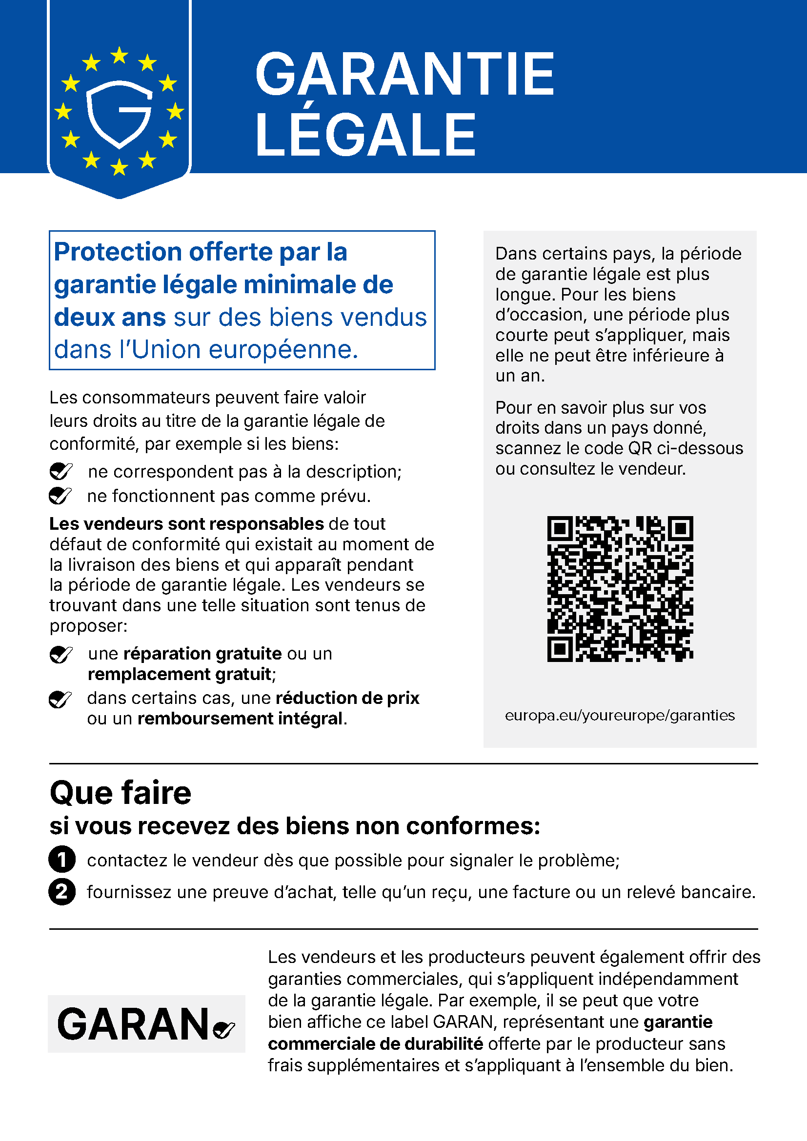 Avis officiel de l'UE : au moins deux ans de garantie légale de conformité pour les biens vendus dans l'Union européenne. Le vendeur est responsable de tout défaut de conformité et doit proposer la réparation ou le remplacement sans frais, une réduction de prix ou le remboursement intégral.